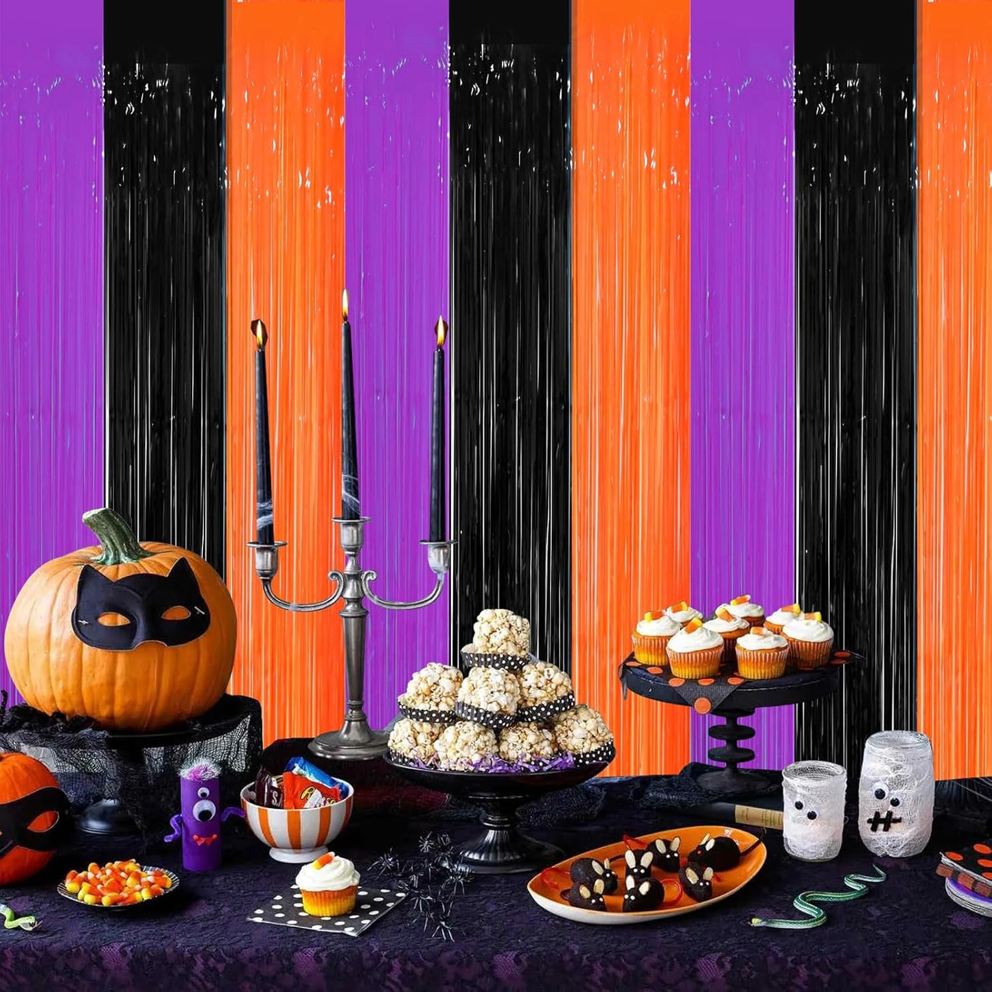 3 Pack 3.3 x 8.2 ft Halloween Foil Fringe Backdrop Curtains, Tinsel Streamers Party Decorations, Fringe Backdrop