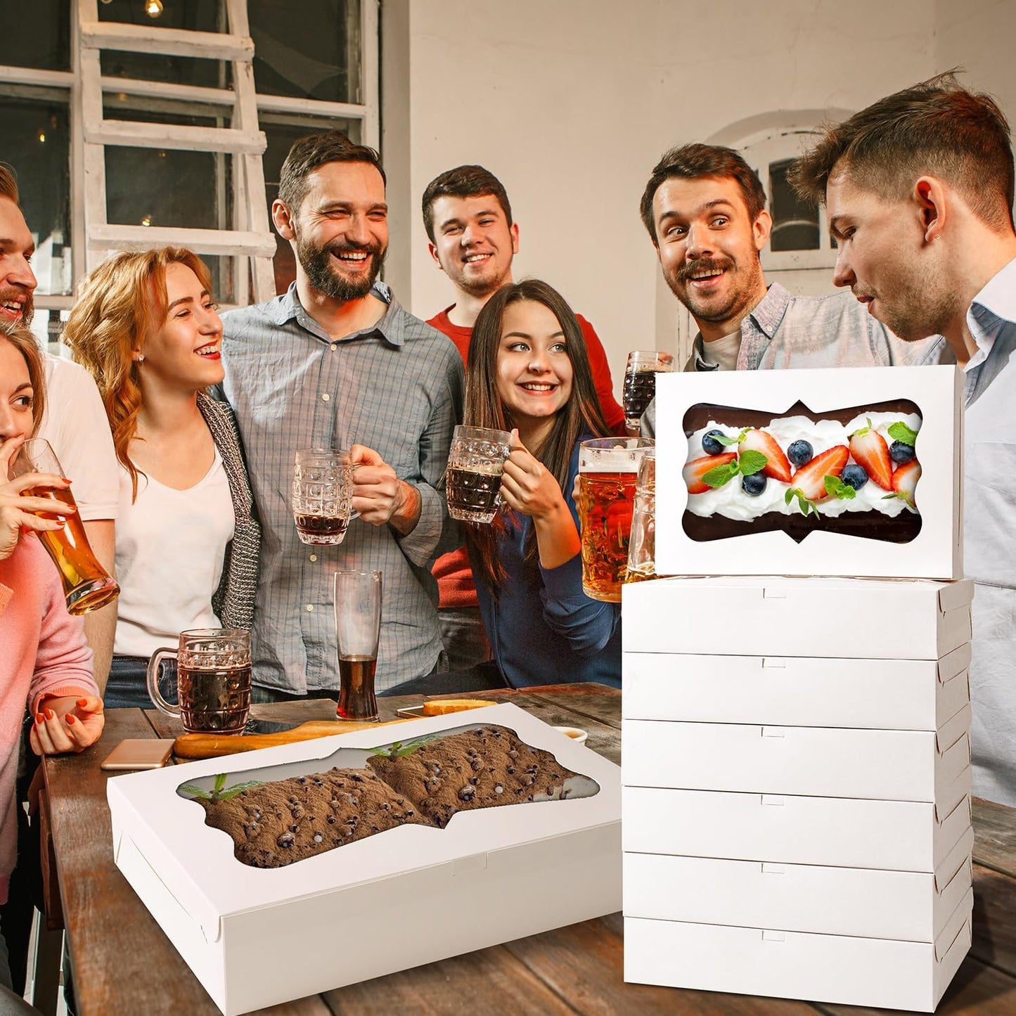 12pcs12x8x2.5 Inches Bakery Boxes,Cookie Boxes with 3Style for Window Bread,Treat,Chocolate,Strawberries,Dessert,Cakes,Donuts,Muffins,pastry