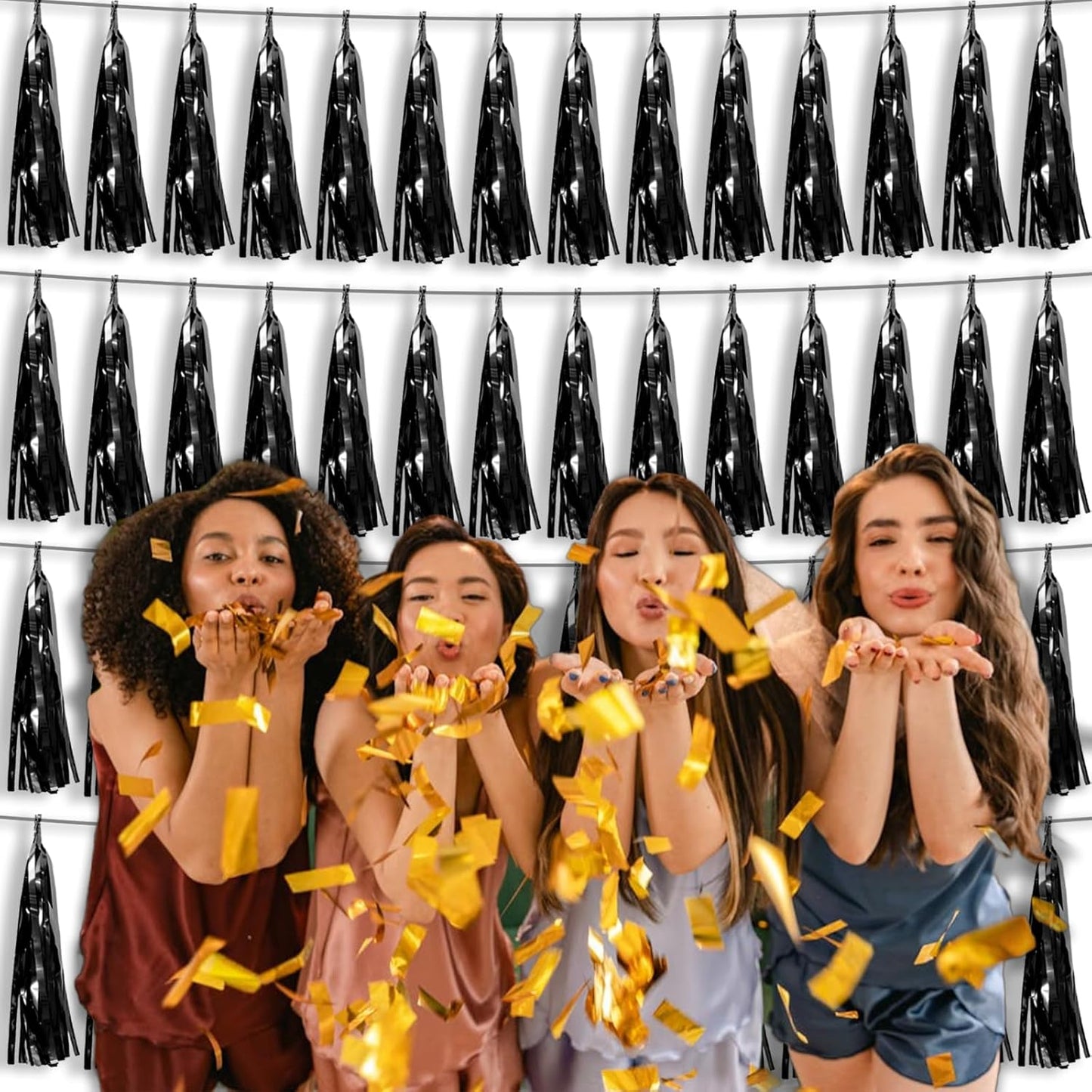 4P Black Foil Fringe Tassel Banner Garland Metallic Tinsel Streamers Wall Hanging Curtain Backdrop Banners for Parade Floats, 2024 Graduation Decorations, Father’s Day Party Decoration