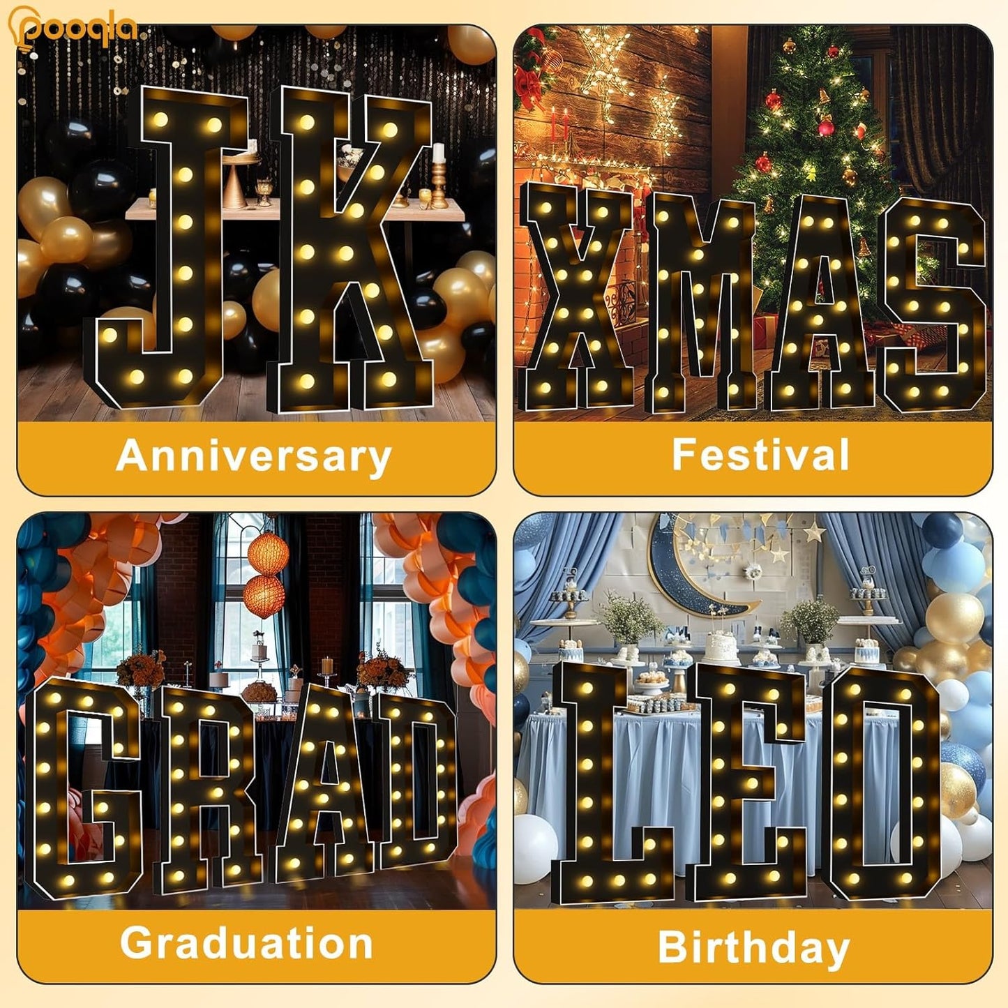 Pooqla 4 FT Marquee Light Up Letters, Black Marquee Letter Lights 4 Feet Tall, Giant Letter Sign Big Mosaic Letters for Balloons Birthday Party Anniversary Wedding Decorations, Warm White Letter F