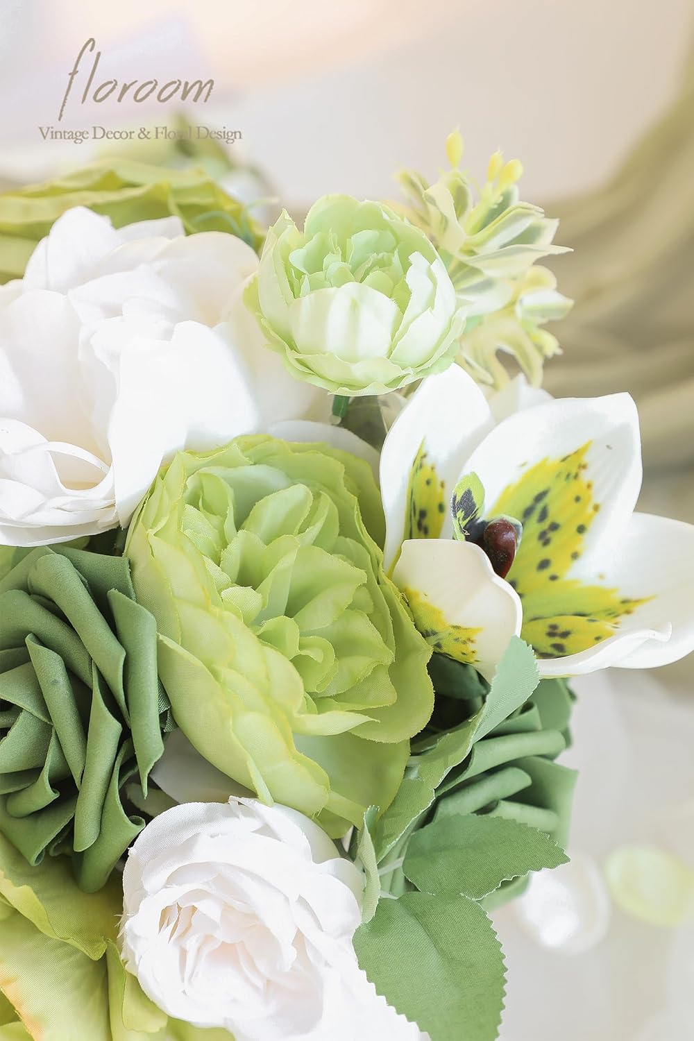 Floroom Olive Green White Artificial Flowers Fake Roses Peonies and Greenery Combo Box Set for DIY Wedding Bouquets Bridal Shower Centerpieces Floral Arrangements Party Tables Home Decorations