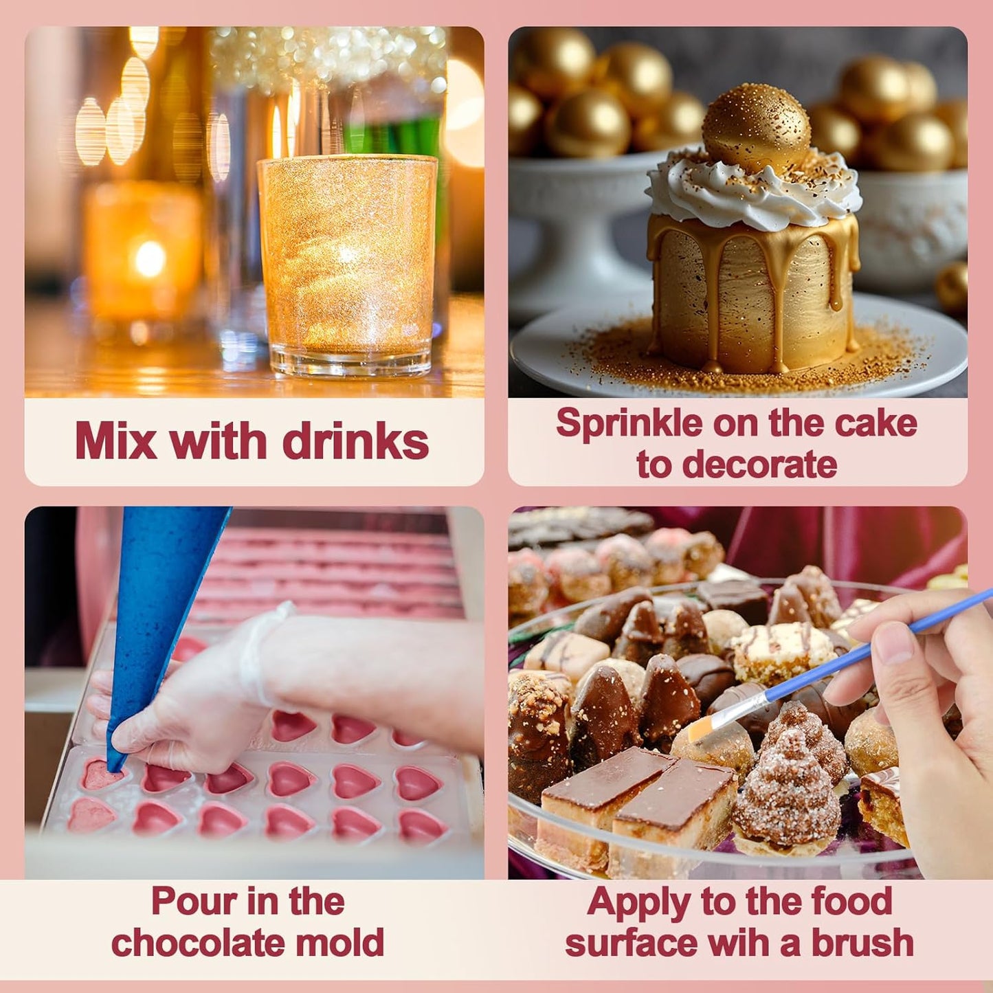 10 Colors Edible Glitter for Cocktails, Cakes, Drinks, Baking, Strawberries, Cupcakes, Cookies Decoration, Luster Dust Edible Set, Food Grade Glitter Shimmer Sprinkle Powder