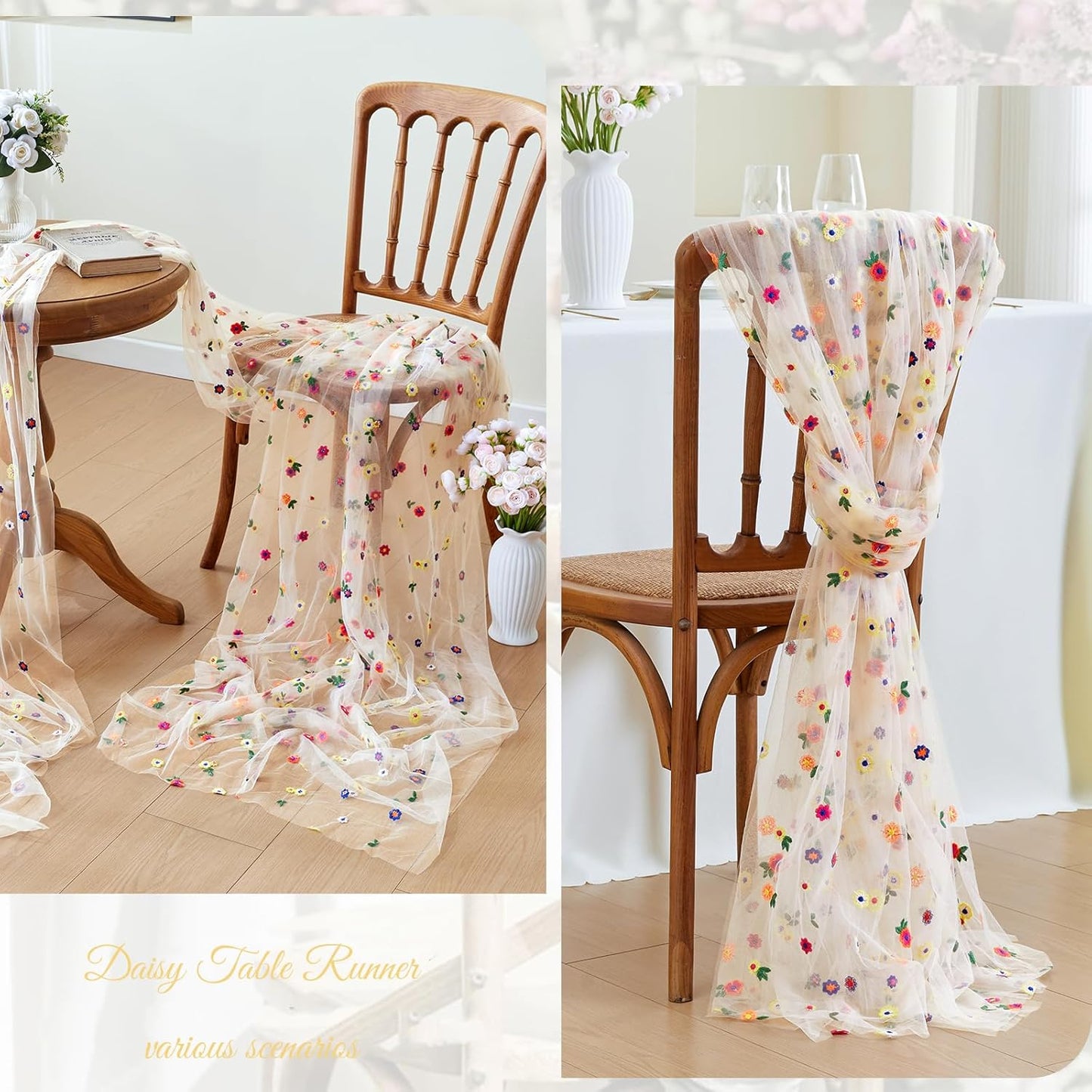 JIALE Champagne Floral Table Runner, Embroidery Daisy Seasonal Table Decorations, 120Inch 10FT 1PC Gold Tulle Fabric for Home Decor, Bridal Shower Wedding, Baby Shower Parties, DIY Craft