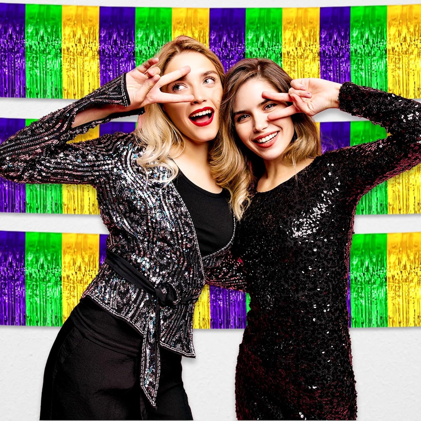 4 Pack 10 Feet Gold Green Purple Foil Fringe Garland Metallic Tinsel Streamers Banner Wall Hanging Curtain Backdrop for Parade Floats, Wedding, Graduate, Mother's Day, Birthday Party Decoration