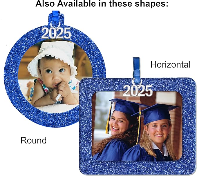 2025 Photo Ornaments for Christmas Tree, Sparkly Glitter Christmas Frame Ornament, Easy-Load Magnetic Design, Includes Satin Ribbon, Silver Charm & Photo Protector, Vertical, Blue