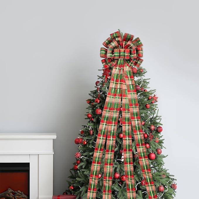 WRAPAHOLIC Large Christmas Tree Topper Bow - 13 x 52 Inch Classic Plaid Glitter Christmas Tree Topper Ribbon Bow Wreath Bows with Wired Edge for Xmas Ornament Indoor Outdoor Decoration