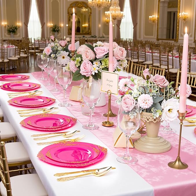125PCS Hot Pink Plastic Plates - Pink Disposable Plate - Elegant Party Plates with Gold Plastic Silverware Sets for 25 Guests for Valentine's Day Party & Birthday & Baby Shower
