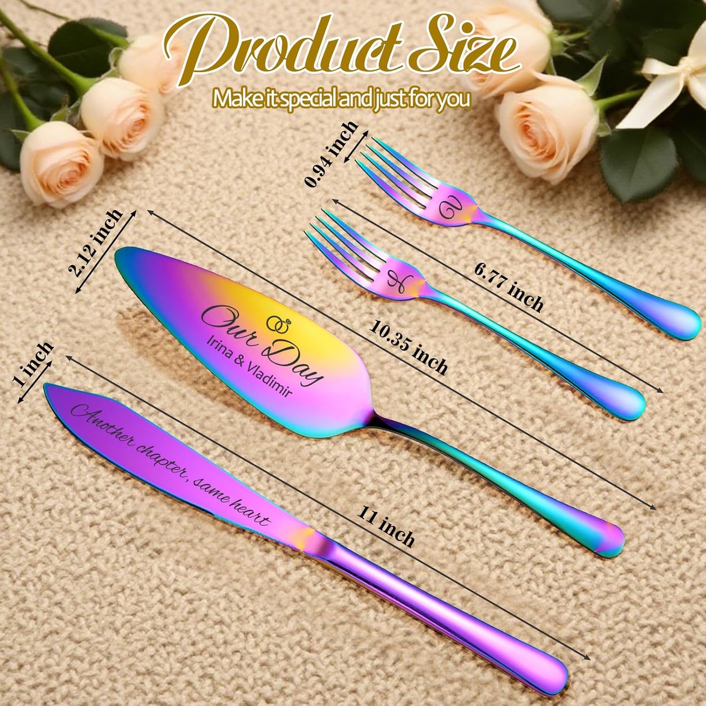 Personalized 4 Piece Wedding Cake Cutting Set, Custom Names Cake Knife and Server set with Forks, Anniversary Birthday Bridal Wedding Registry Gifts (Multi-color)