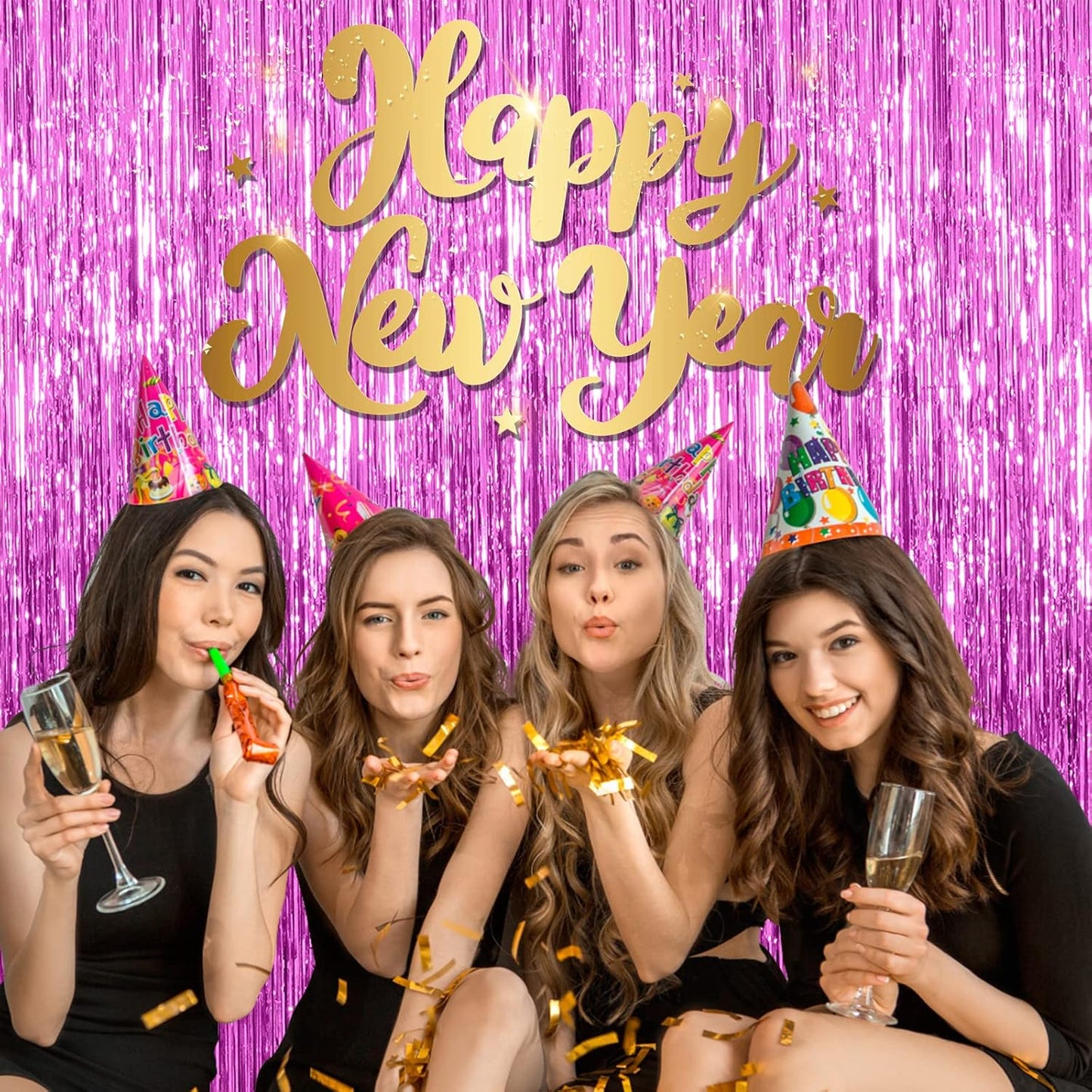 2 Pack Hot Pink Backdrop Curtain Party Streamers Hot Pink Birthday Decorations Foil Fringe Photo Backdrop Party Supplies Fiesta Grad Theme Decorations