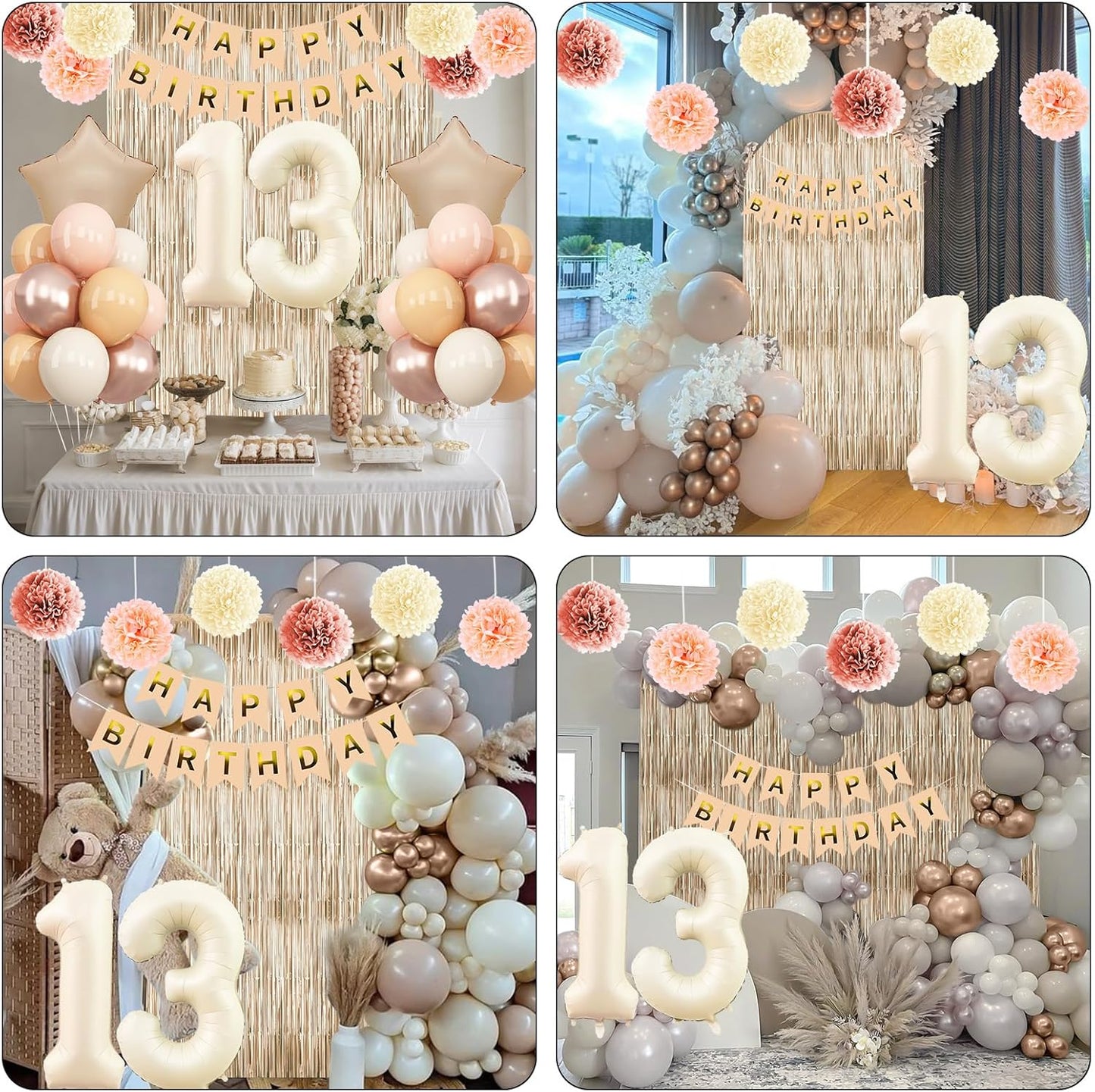 Beige 13th Birthday Decorations Girls Boys Cream Number 13 Balloon Nude Gold Happy Birthday Banner Fringe Curtain Paper Pom Poms Blush White Sand Champagne Star Foil Balloons Neutral Boho Party Decor