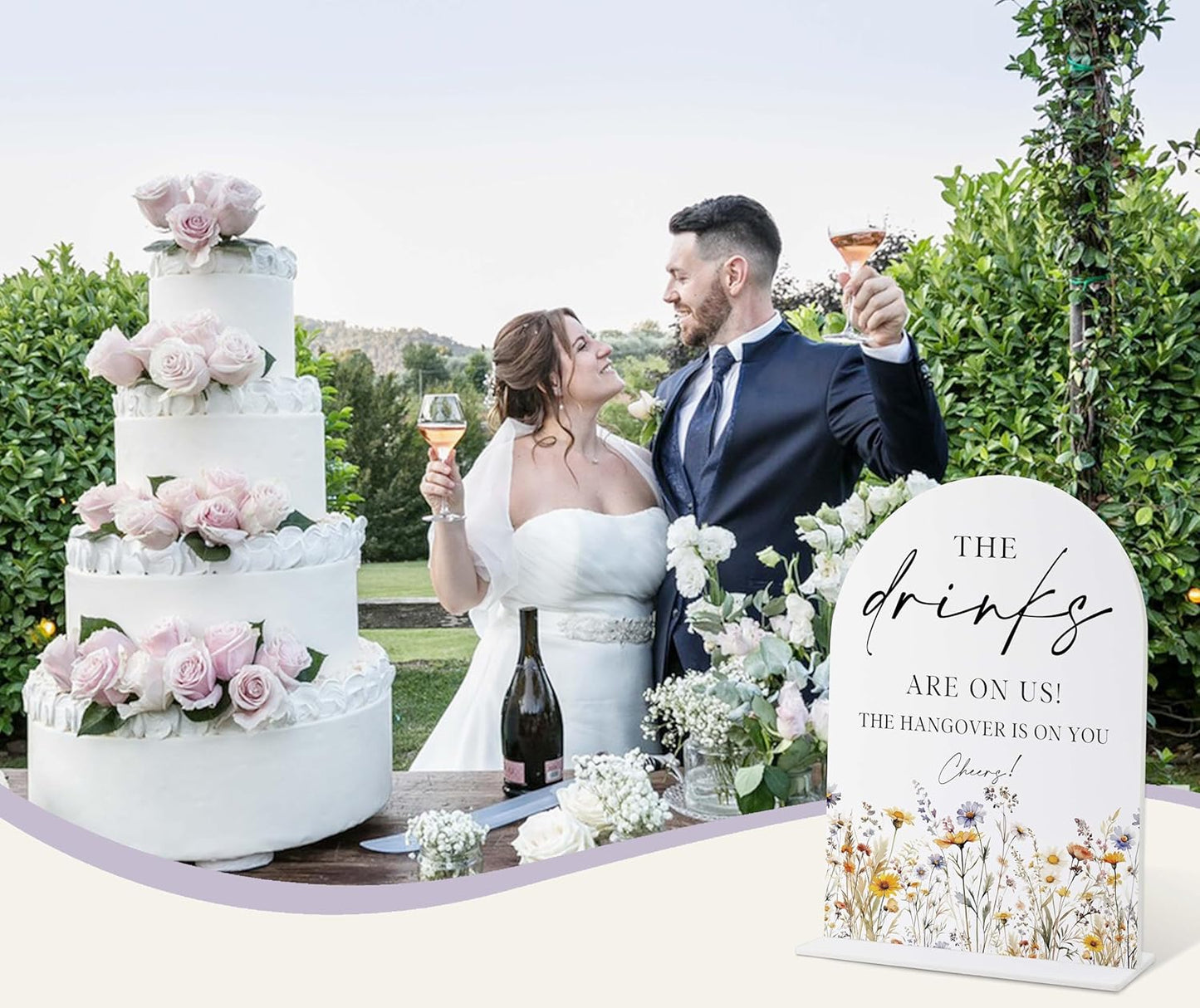 Wedding Signs for Ceremony and Reception, Boho Floral Acrylic Drinks are on Us Hangover is on You Sign, Wedding Signage with Stand, Bridal Shower Table Centerpieces, Supplies for Engagement Party, 35