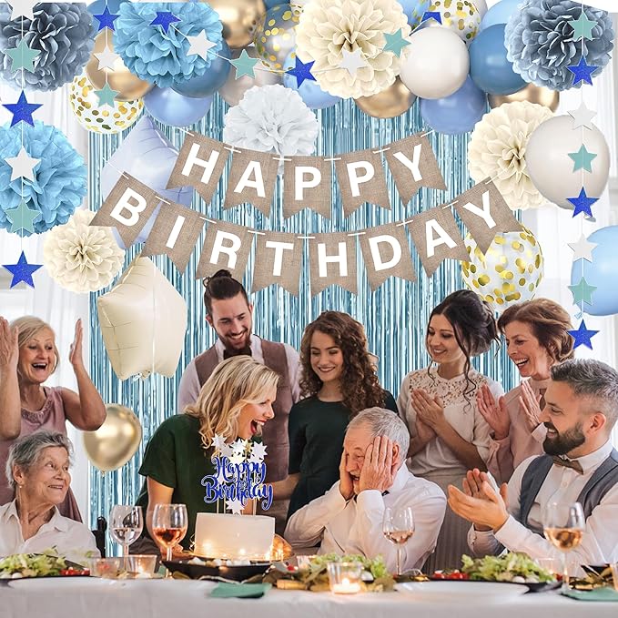 Light-Blue Birthday Decoration, Dusty Blue Sand White Confetti Foil Balloons Set With Happy Birthday Banner Fringe Curtains, Pom Poms, Blue Party Décor for Boys Girls Women Men