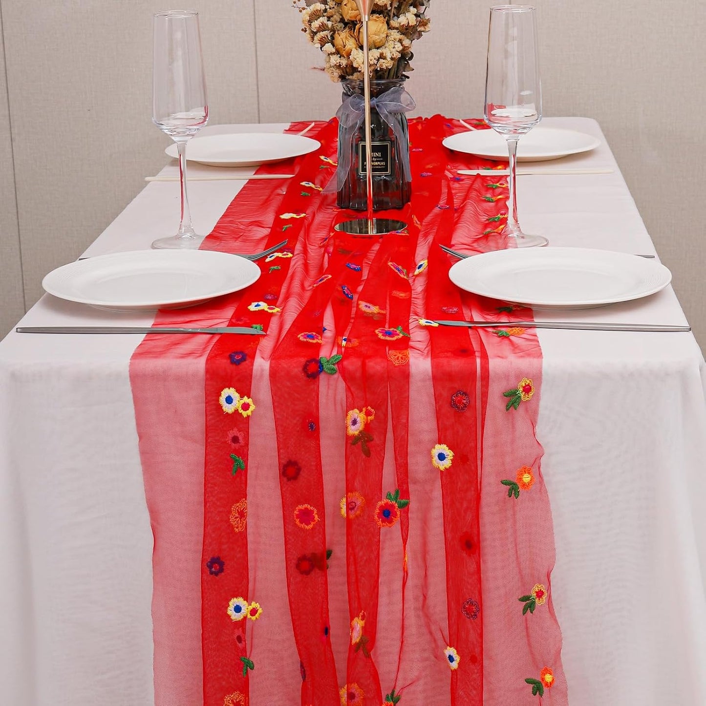 BINBE 6pcs Daisy Fall Table Runner Embroidery Gauze 10FT Florals Seasonal Tulle Holiday Birthday Kitchen Dining Table Decor for Home Party Red