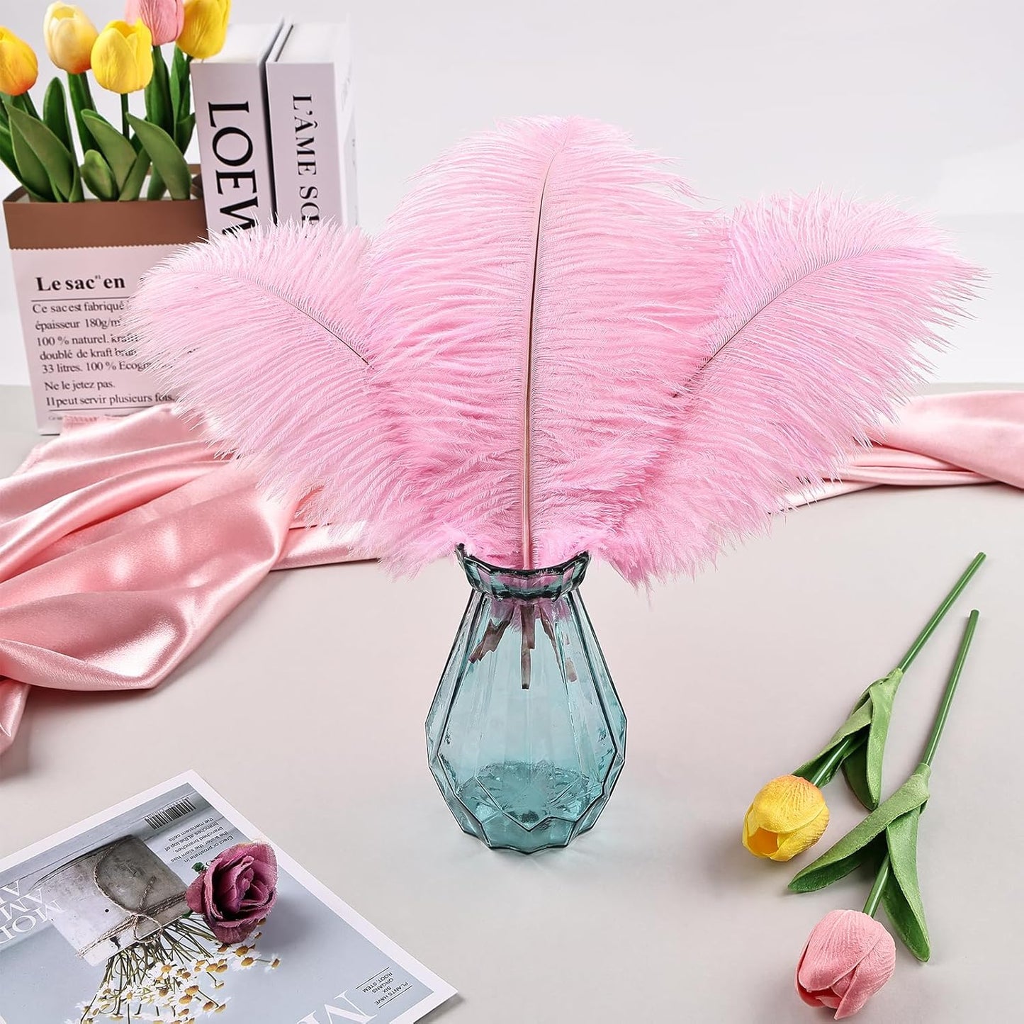 THARAHT Pink Ostrich Feathers 24pcs Natural Bulk 8-10Inch 20cm-25cm for Crafts Wedding Party Centerpieces Flower Arrangement Easter Gatsby and Home Decoration Feathers