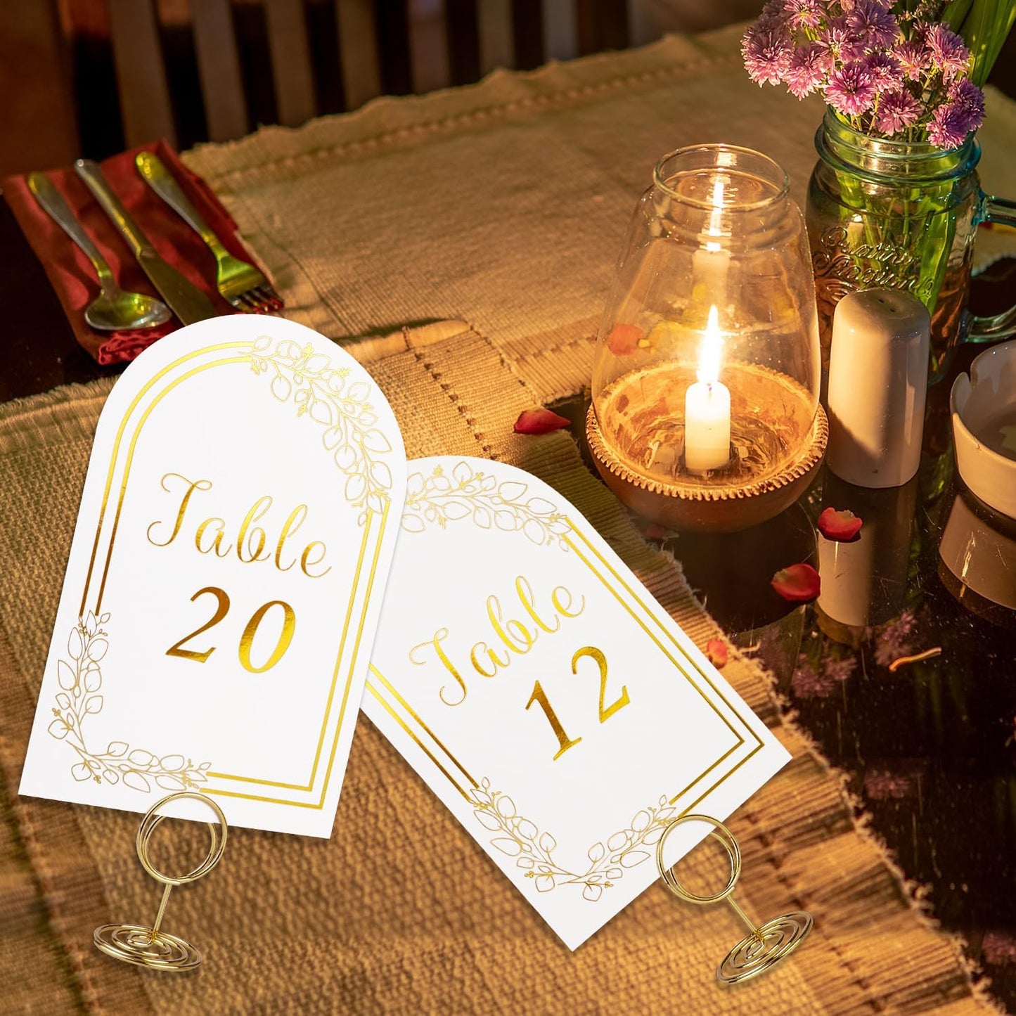 Wedding Table Numbers 1-20, 20 White Gold Tables Number Cards with 20 Gold Table Holders, 1 Set of 20 Numbers Card for Wedding Reception(Card and Holder)