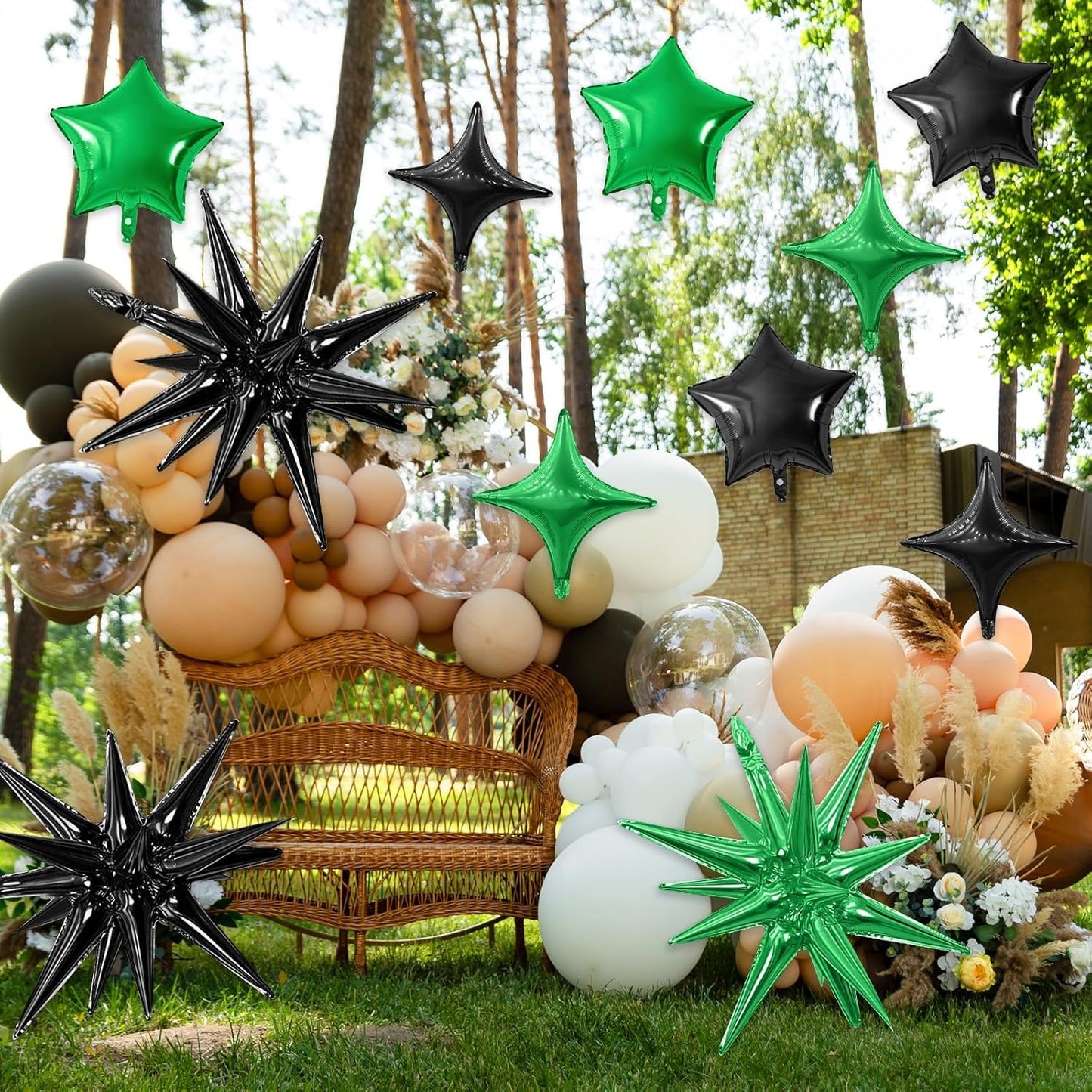 Black Green Star Balloon,16Pcs Star Foil Balloons Set with 22Inch Explosion Spike Cone Balloons and 10Inch Quadrangle Helium Balloon for Birthday Wedding Baby Shower and Halloween Party Decorations