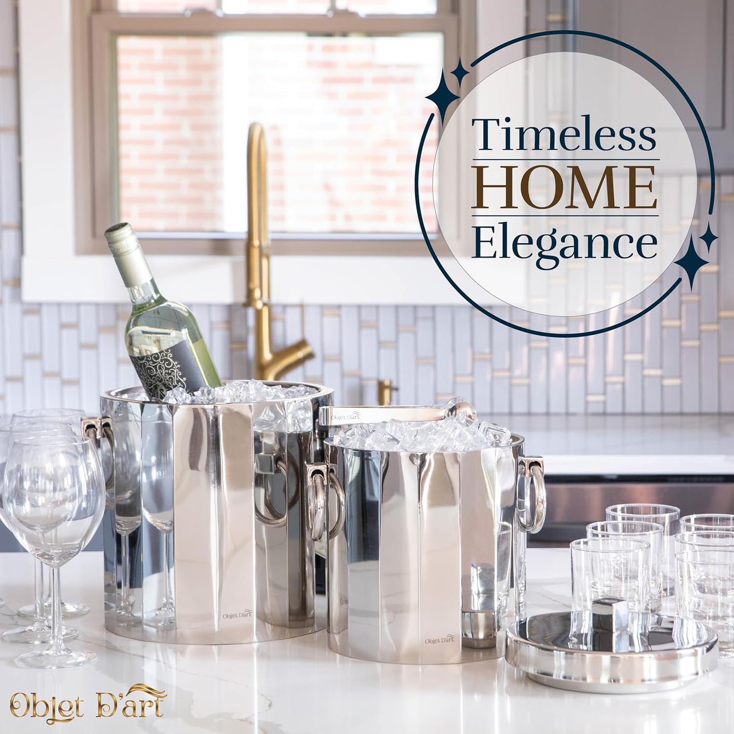 Insulated Ice Bucket for Parties by Objet D’Art, Large Ice Bucket with Scoop Tongs, 2 Stainless Steel Metal Buckets for Party, Double Walled, 2 Liters, Delphi, 7.5 x 9 x 10