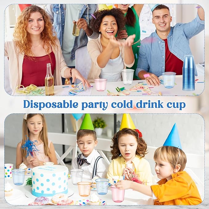 100 Pcs Disposable Stemless Glasses 12oz Crystal Plastic Wine Glasses Clear Classic Pet Cup for Meeting Weddings Birthdays Cocktail Christmas Party Supplies (Light Blue)