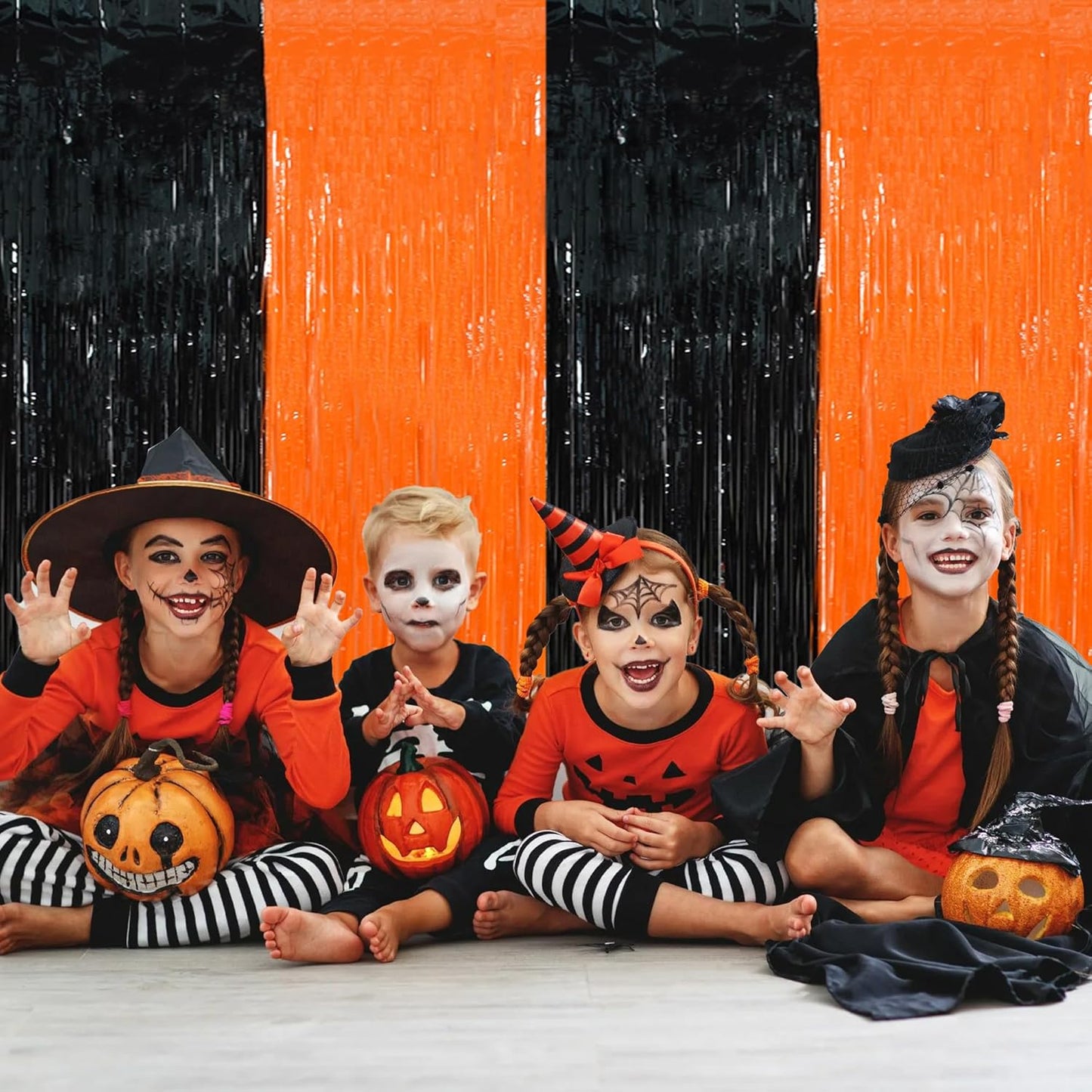 BEISHIDA 2Pcs Orange Black Door Streamer Happy Halloween Backdrop Pumpkins Foil Fringe Tinsel Horry Party Curtains Backdrops for Horry Party Hallowen Decoration (3.28 ft x 6.56 ft)