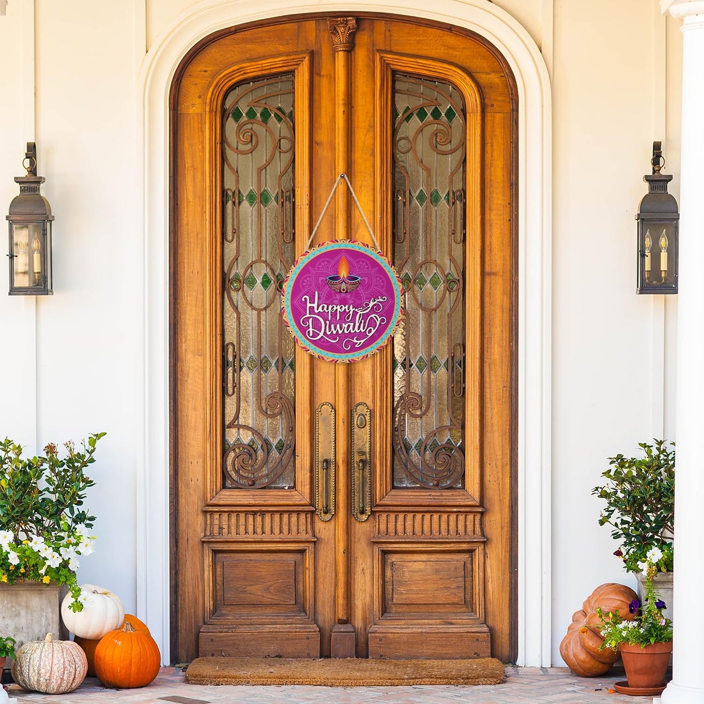 CHDITB Happy Diwali Decoration 3D Front Door Sign(12”x12”), Indian Festival of Lights Wall Hanging with Rangoli Diyas, Deepavali Themed Door Hanger for Front Door Porch Home Office Party