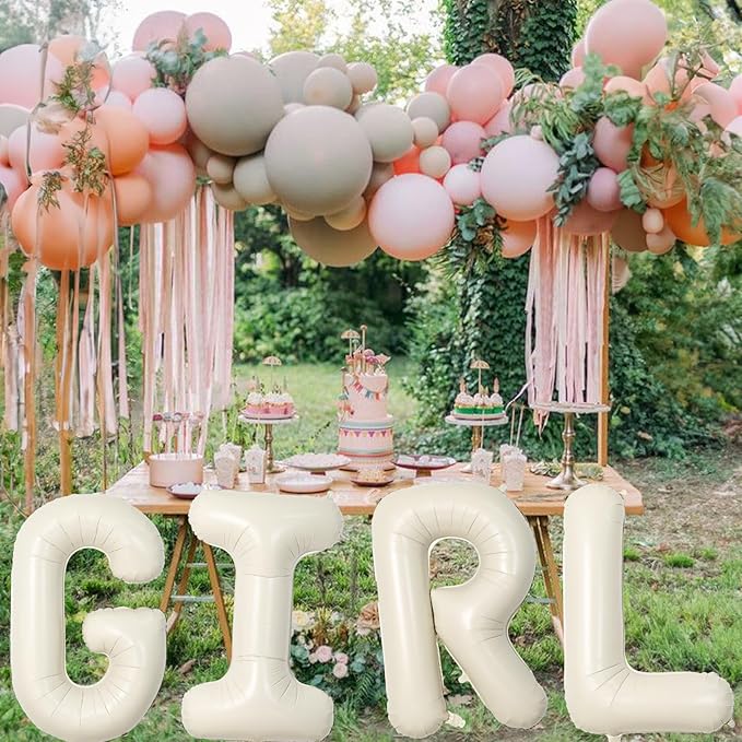 40 Inch Cream Girl Balloons, Large Beige Neutral Letters With Ribbon, Ivory White Sand for Her Birthday Baby Shower or Gender Reveal Party Decoration Supplies