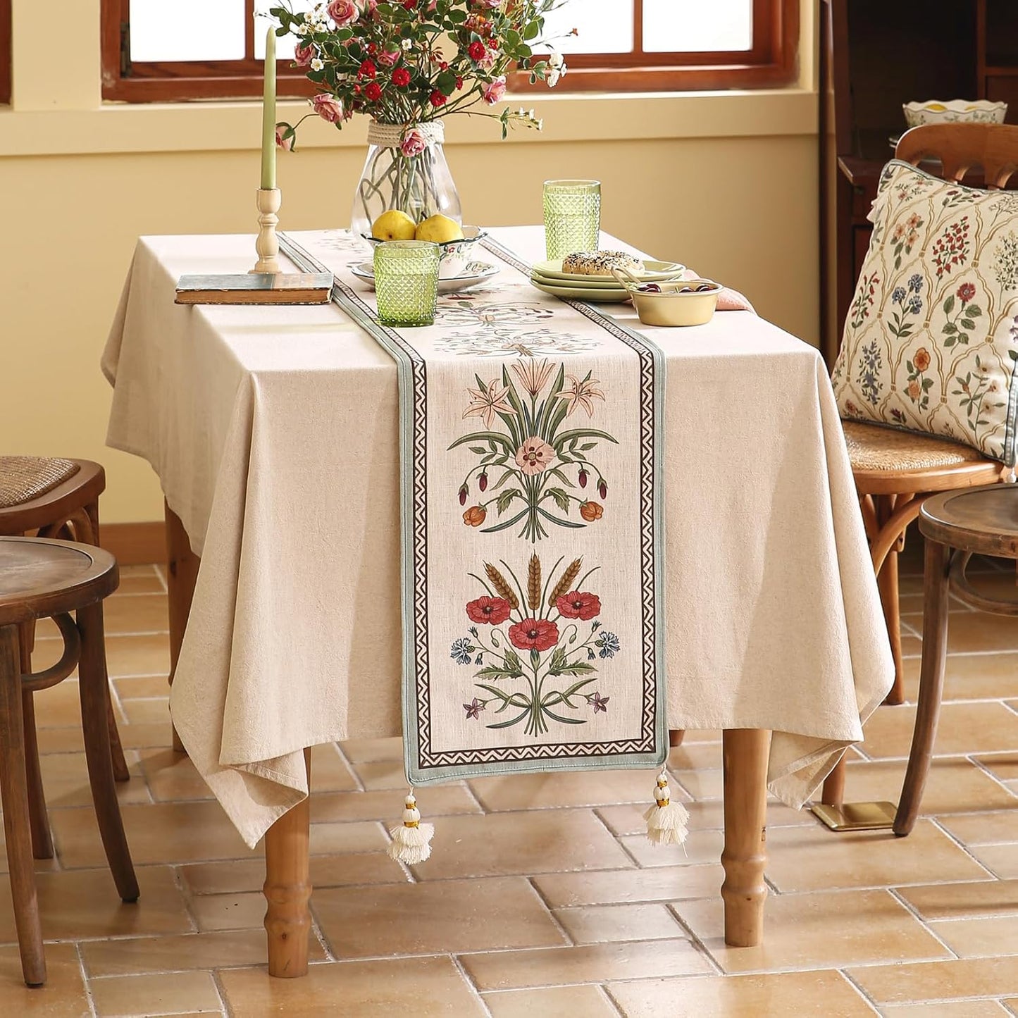 ISAENNE Designer French Country Linen Table Runner 87 Inches Long,Elegant Colorful Floral Pattern Table Runners for Dining Tables,Thanksgiving,Christmas,Kitchen Decor,12"*87"-Serenity F