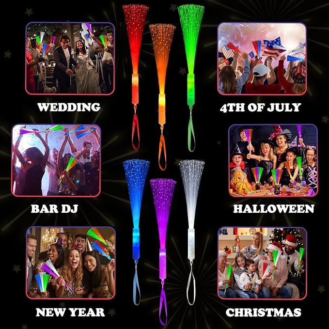 6 Pack Glow Sticks Toys Party Favors Supplies for Kids, Light Up Fiber Optic Wand Sparklers Fireworks Sticks for Toddlers, Neon Accessories Decorations for Mardi Gras,Carnival,Wedding,Birthday,Camping