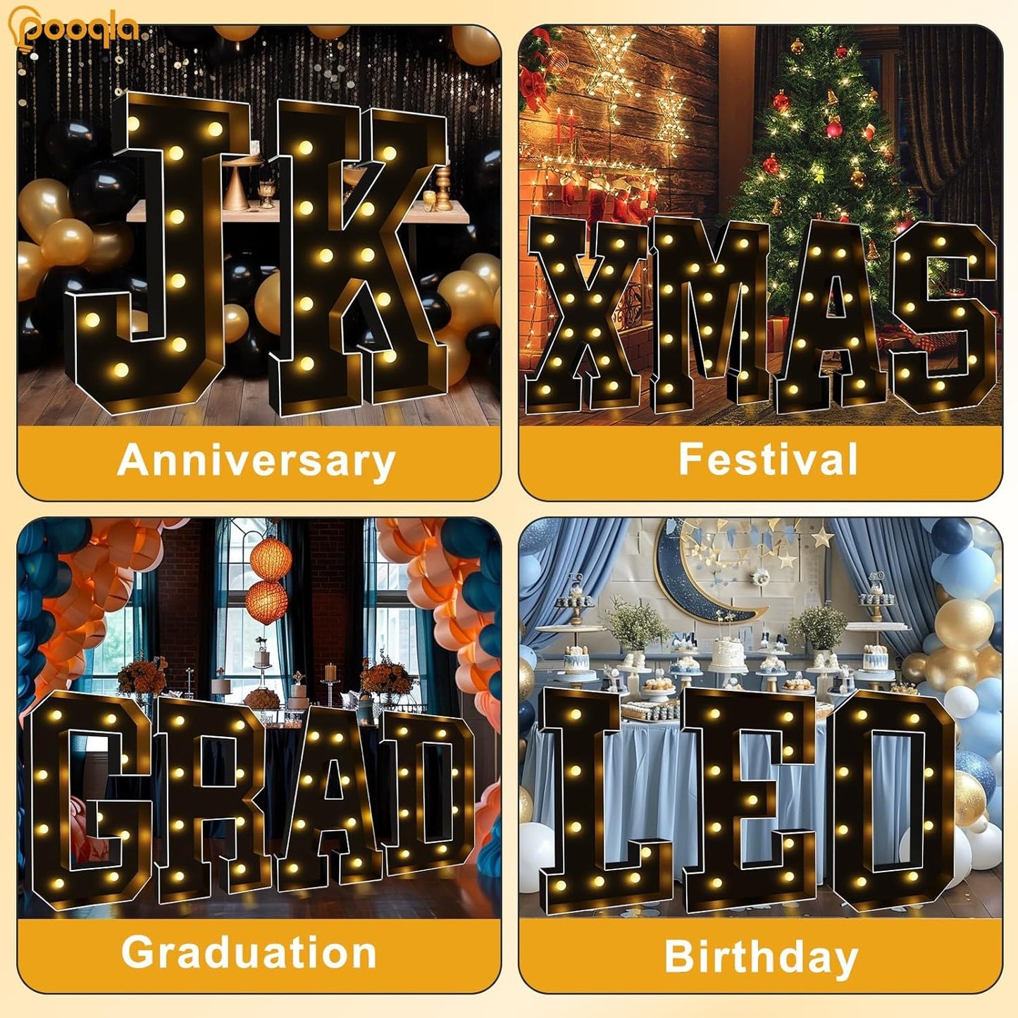 Pooqla 3 FT Marquee Light Up Letters, Black Marquee Letter Lights 3 Feet Tall, Giant LED Sign Big Mosaic Letters for Balloons Birthday Party Anniversary Wedding Decorations, Warm White L