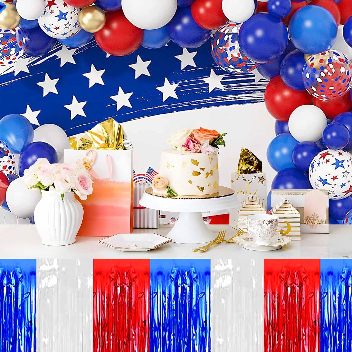 3 Pack 29 x108 Inch White Blue Red Foil Fringe Table Skirts Metallic Banner for Tinsel Streamer Garland Backdrop for Parade Floats Mother's Day, Graduate, Birthday, Wedding Party Decoration