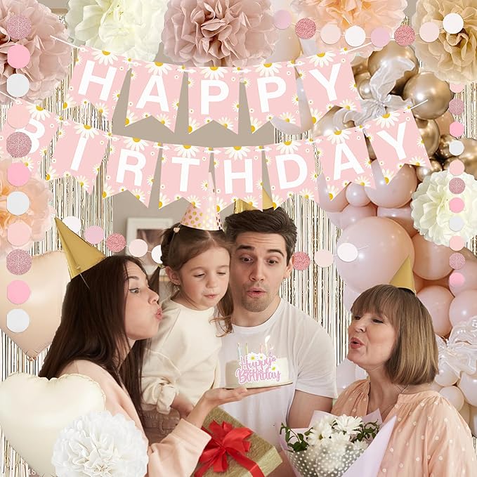 Blush Beige Birthday Decoration for Women Girls with Daisy Flower Happy Banner, Boho Dusty Pink Paper Pom Poms, White Sand Pink Gold Balloons Set And Fringe Curtain, Fall Birthday Theme Party Décor