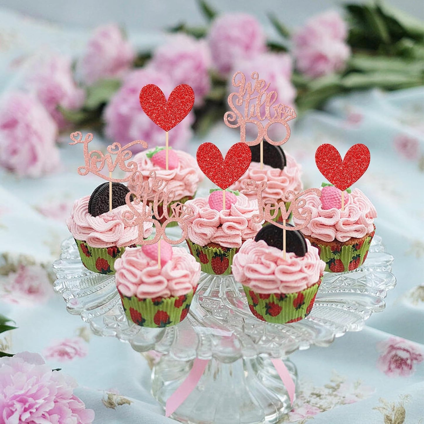 24 PCS We Still Do Cupcake Toppers Glitter Love Heart Bridal Shower Cupcake Picks for Wedding Engagement Bridal Shower Theme Party Cake Decorations Supplies Rose Gold