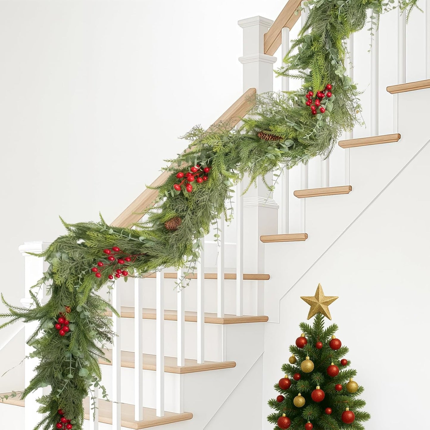 9FT Christmas Garland Norfolk Pine Tree Artificial Cedar Eucalyptus Greenery, Realistic Pine Garland for Mantel Fireplace Stair Rail Doorway Table Centerpiece, Indoor Outdoor Winter Decor