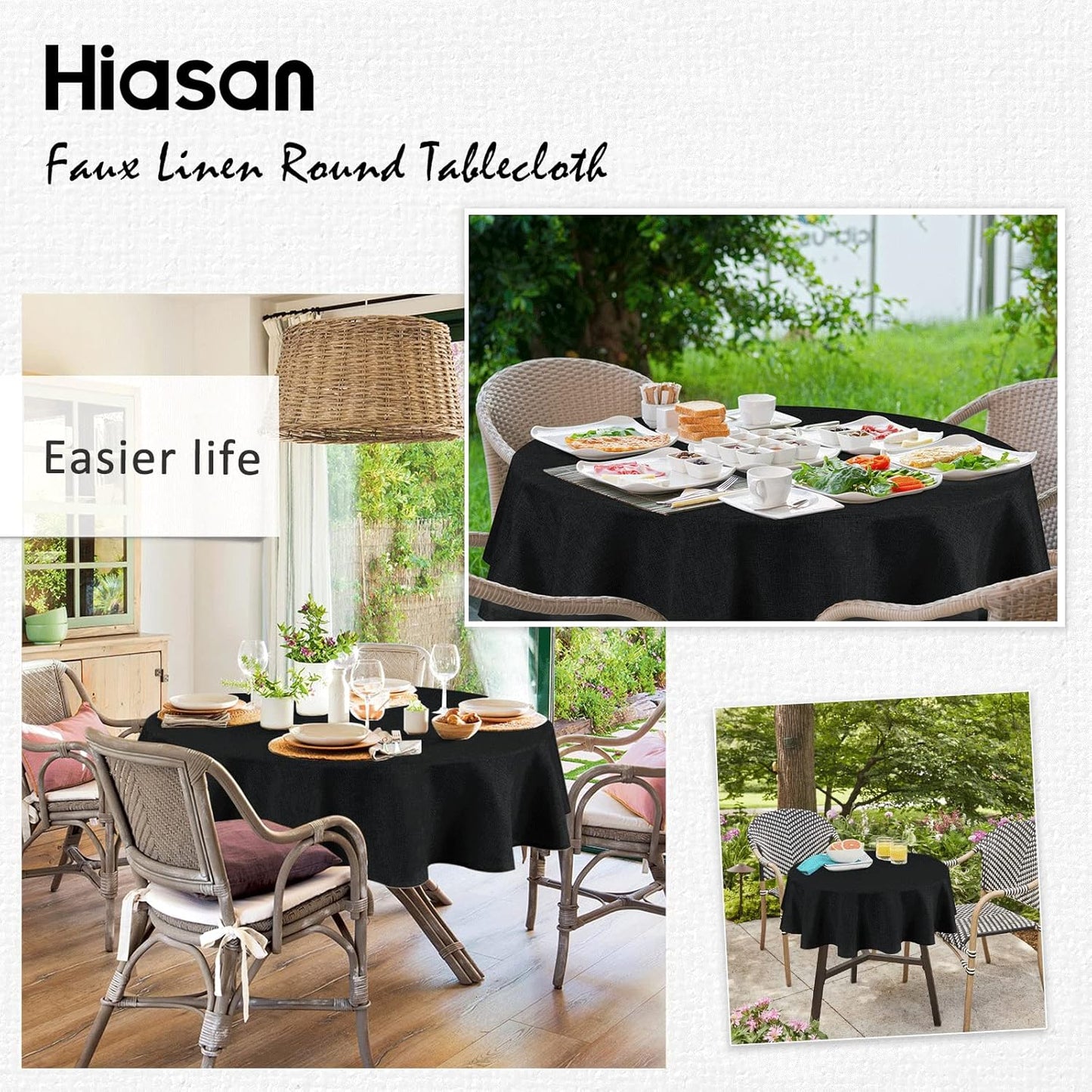 Hiasan Round Linen Tablecloth 40 Inch - Wrinkle and Stain Resistant Washable Polyester Fabric Table Cloth for Dining Room Kitchen Party, Black