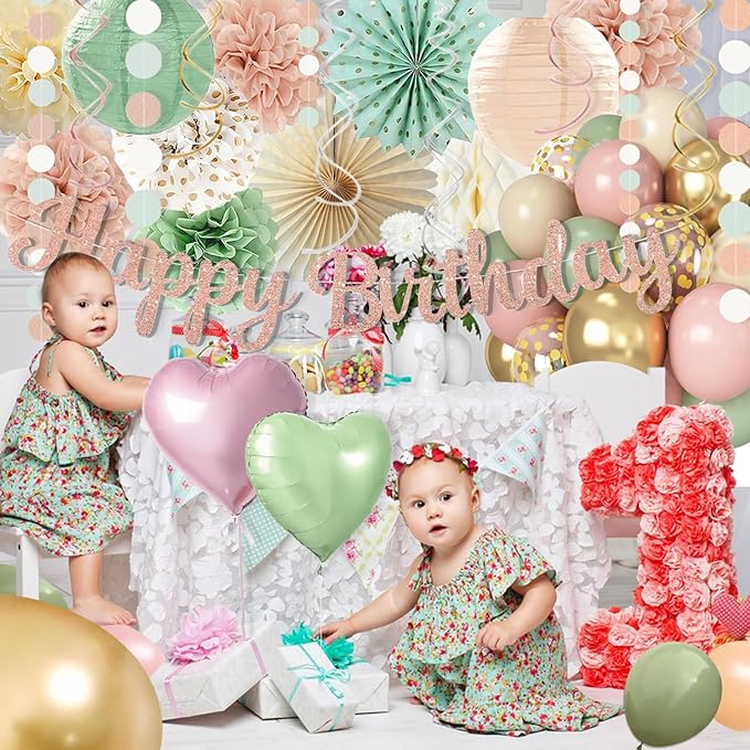 Sage-Green Blush-Pink Birthday Decorations for Women Girls, Cream Light Beige Happy Banner, Paper Lanterns Pom Poms, Olive Green Dusty Pink Balloons, Boho Fairy Anniversary Princess Party Décor
