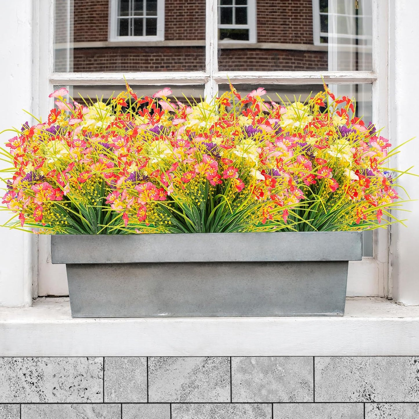 12 Bundles Artificial Outdoor Flowers Lifelike UV Resistant Fake Plastic Plants Indoor Outside Hanging Plants Garden Porch Window Box Decor (Mix 6 Colors)