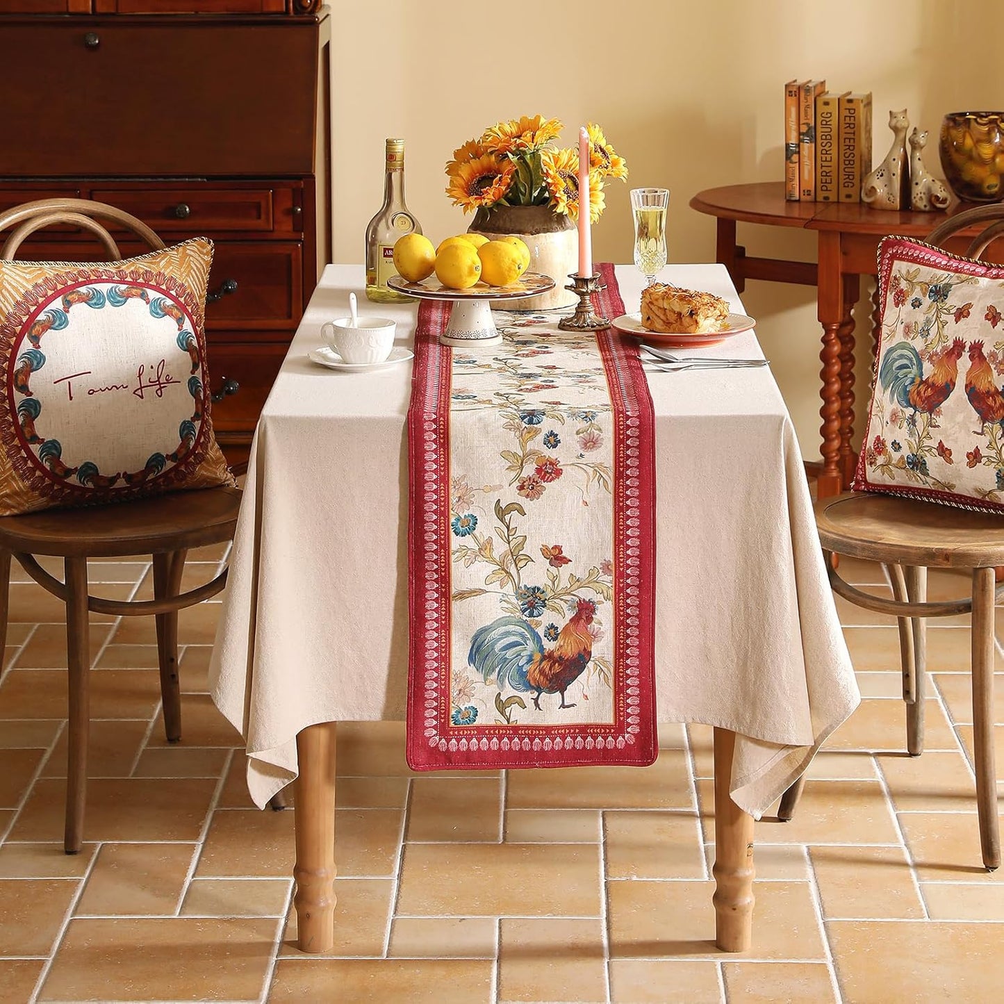 patdrea Designer Farmhouse Linen Table Runner, Rustic Cottage Mauve with Rooster and Floral Pattern Fabric Table Mat, Decoration for Kitchen Dining Coffee Table Banquet Christmas , 12"*87"