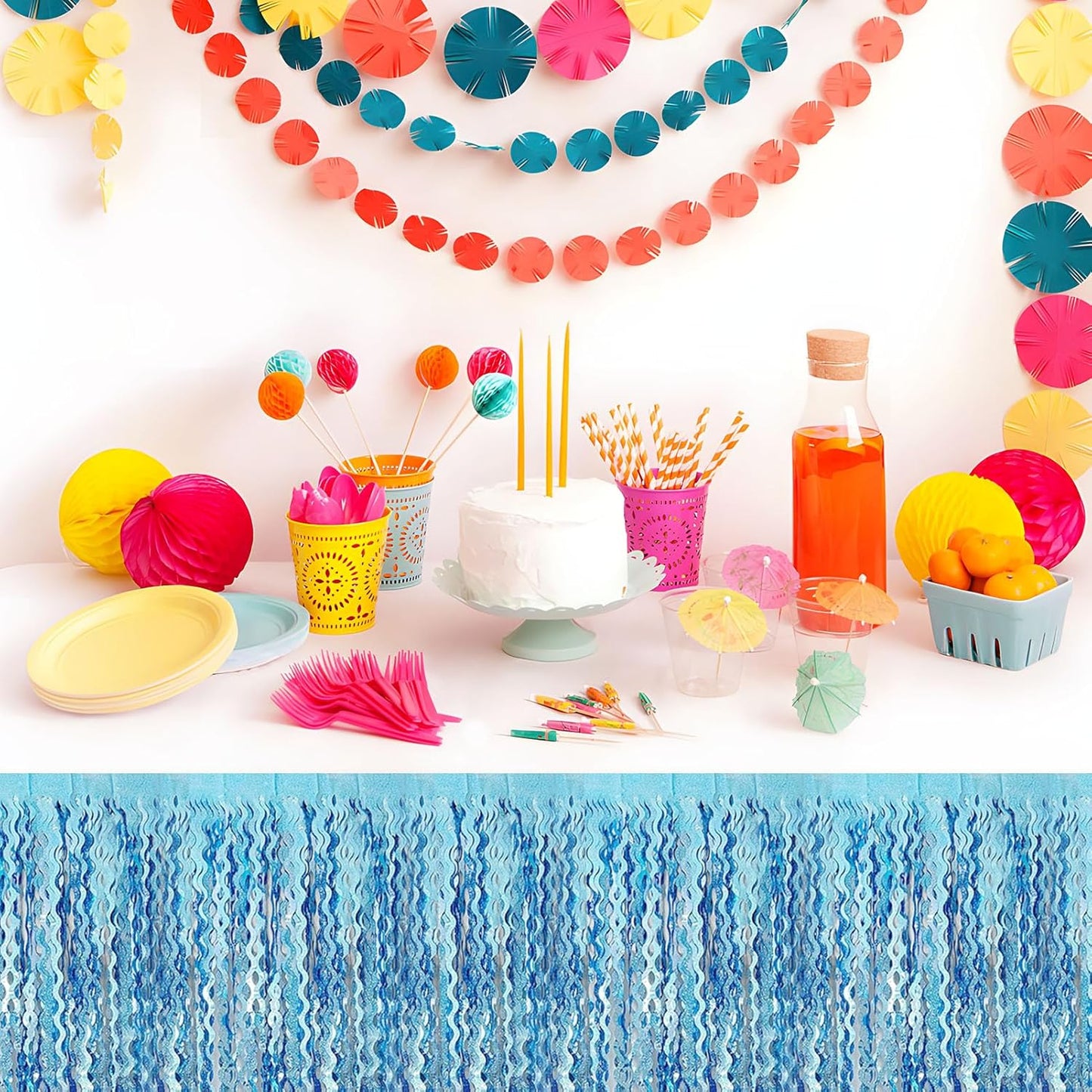 6Pack 29 x108 Inch Light Blue Wave Foil Fringe Table Skirts Metallic Banner for Tinsel Streamer Garland Backdrop for Parade Floats, Mother's Day, Easter, Graduate, Birthday, Wedding Party Decoration