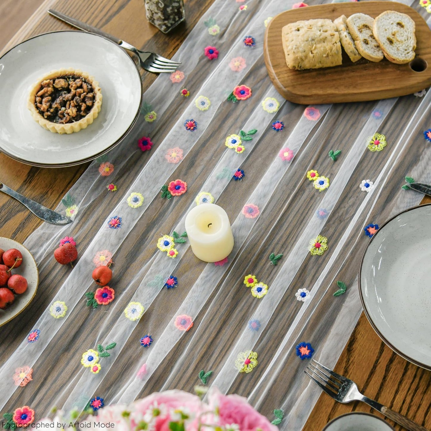 Artoid Mode 6PCS Embroidery Daisy Gauze Table Runner 120 Inch 10FT, Seasonal Sheer Kitchen Dining Holiday Wedding Birthday Table Decor for Home Party