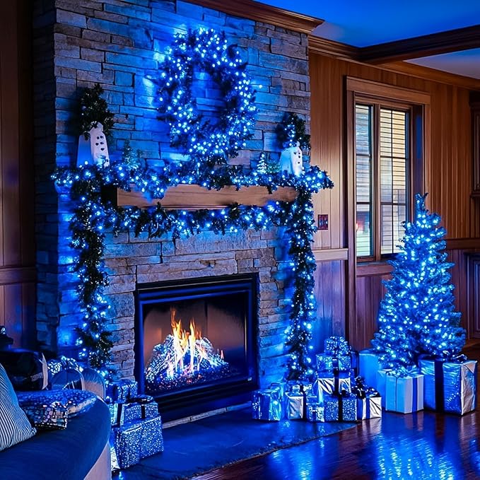 Christmas String Lights Plug in,33FT 100 LED String Lights with 8 Modes & Timer, Xmas Decorations for Trees Wreath, Outdoor Indoor Yard Garden Party Decor, Blue
