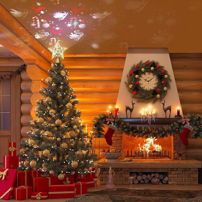 Christmas Tree Topper, Christmas Star Tree Topper Built-in LED Rotating Lights, Plug in 3D Golden Glittered Star Tree Topper for Xmas Party Holiday Decorations