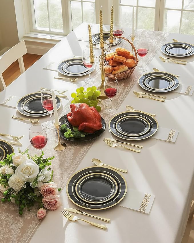 BESTSTAR 100PCS Black Plastic Plates Set with Gold Rim, 50 10.25 inch Dinner Plates and 50 7.5 inch Dessert Plates, Premium Disposable Plates forfor Party, Wedding, Holiday,And Halloween