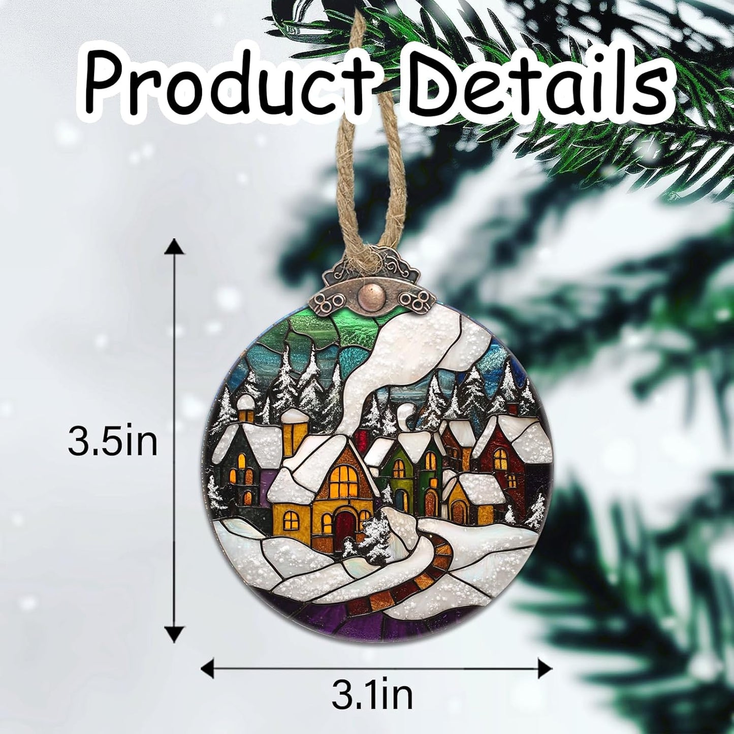 Stained Glass Christmas Decorations, Winter Snow Cabin Suncatcher for Window Christmas Tree Hanging Ornaments Retro White Sun Catcher Xmas Decor Gifts for Women Men Mom Nana Friend