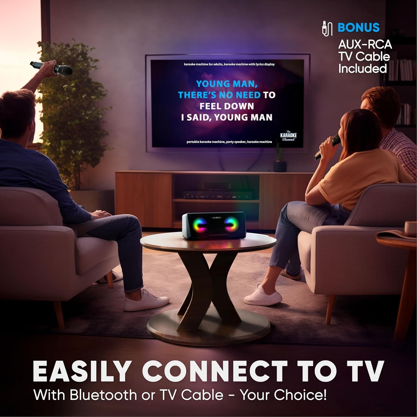 MASINGO Karaoke Machine for Adults and Kids with 2 Wireless Microphones, Portable Bluetooth Singing Speaker, Colorful LED Lights, PA System, Lyrics Display Holder, and TV Cable. Presto G2