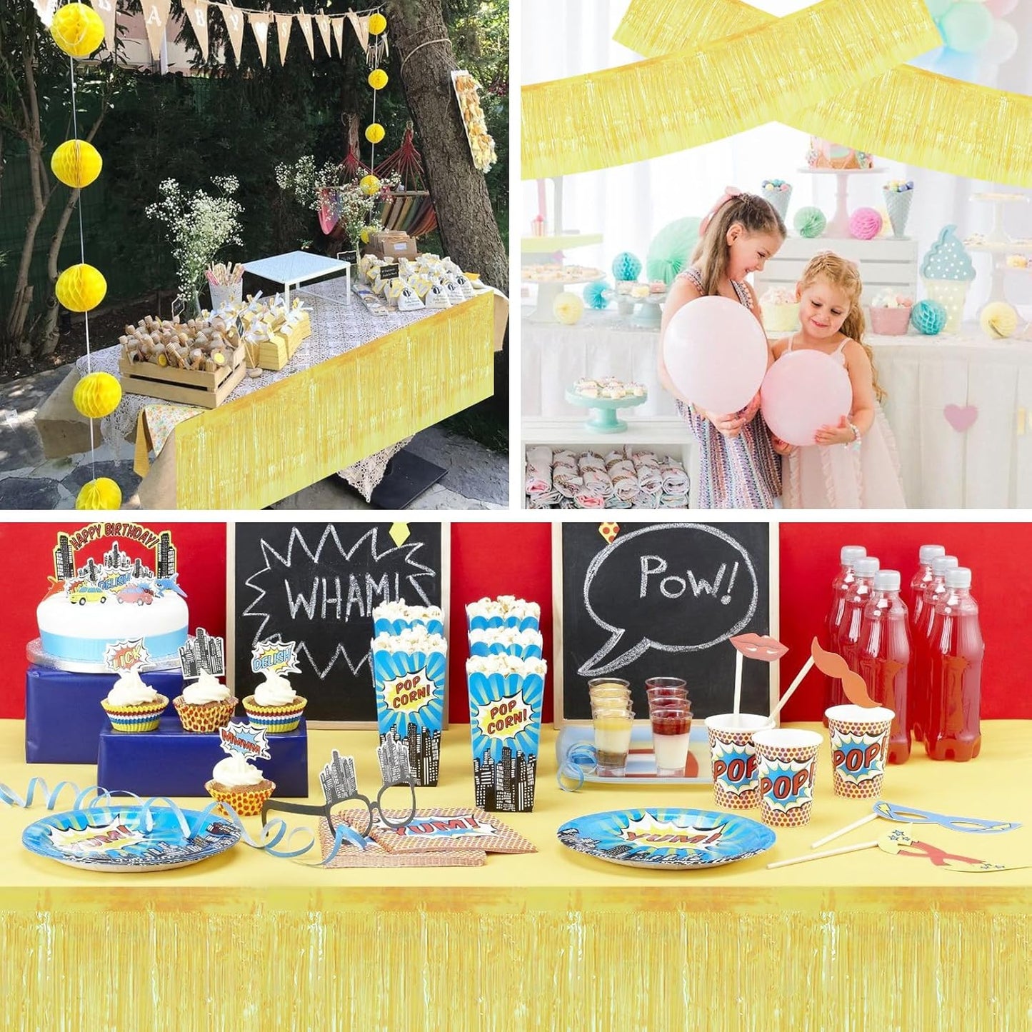 BEISHIDA 3 Packs Metallic Foil Fringe Garland Shining Yellow Wall Hanging Tinsel Fringe Banners for Car Floats Bridal Shower Wedding Birthday Easter Graduation Holiday Party Decoration(30 Feet)