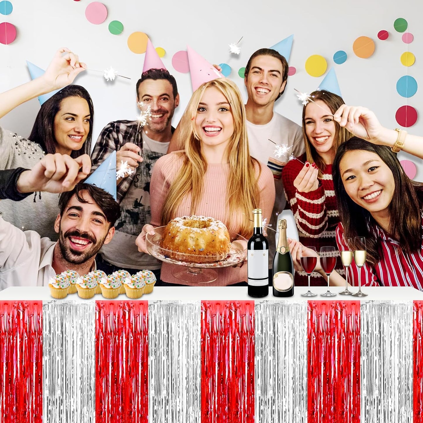 3 Pack 29x108 Inch Red Silver Foil Fringe Table Skirts Metallic Banner for Tinsel Streamer Garland Backdrop for Parade Floats Wedding Thanksgiving Birthday Christmas Halloween Party Decoration