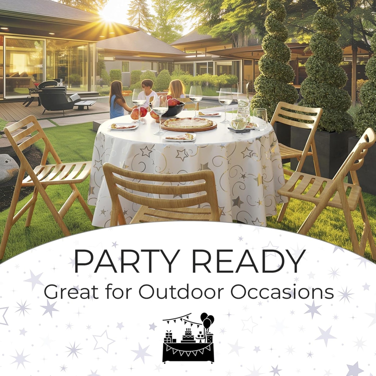 Exquisite Silver Star Tablecloth Plastic 12-Pack Disposable Round Tablecloths 84" Silver Star Table Cloths Round Table Covers Plastic Tablecloth for Party Decorations