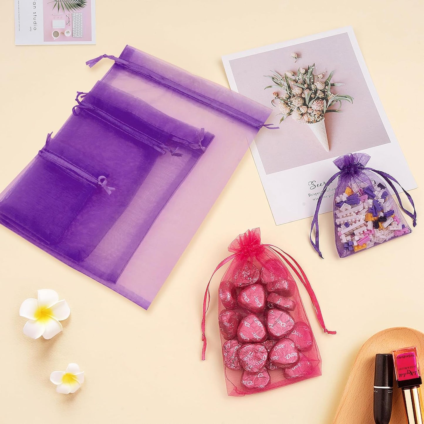 Organza Bags 50 Packs 4x6 Inch, Organza Gift Bags Sachet Bags Jewelry Bags Drawstring for Halloween Treat Party Favor (Purple)