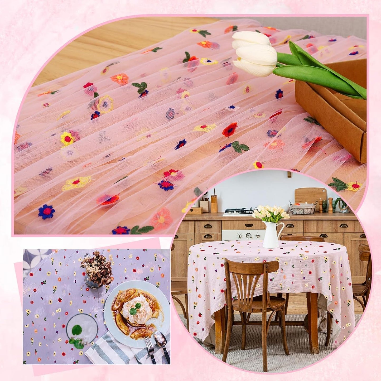 Pink Floral Table Runner 10 FT, Embroidery Daisy Table Runners Seasonal Sheer Tulle Table Runner for Thanksgiving Wedding Birthday Baby Shower Party 