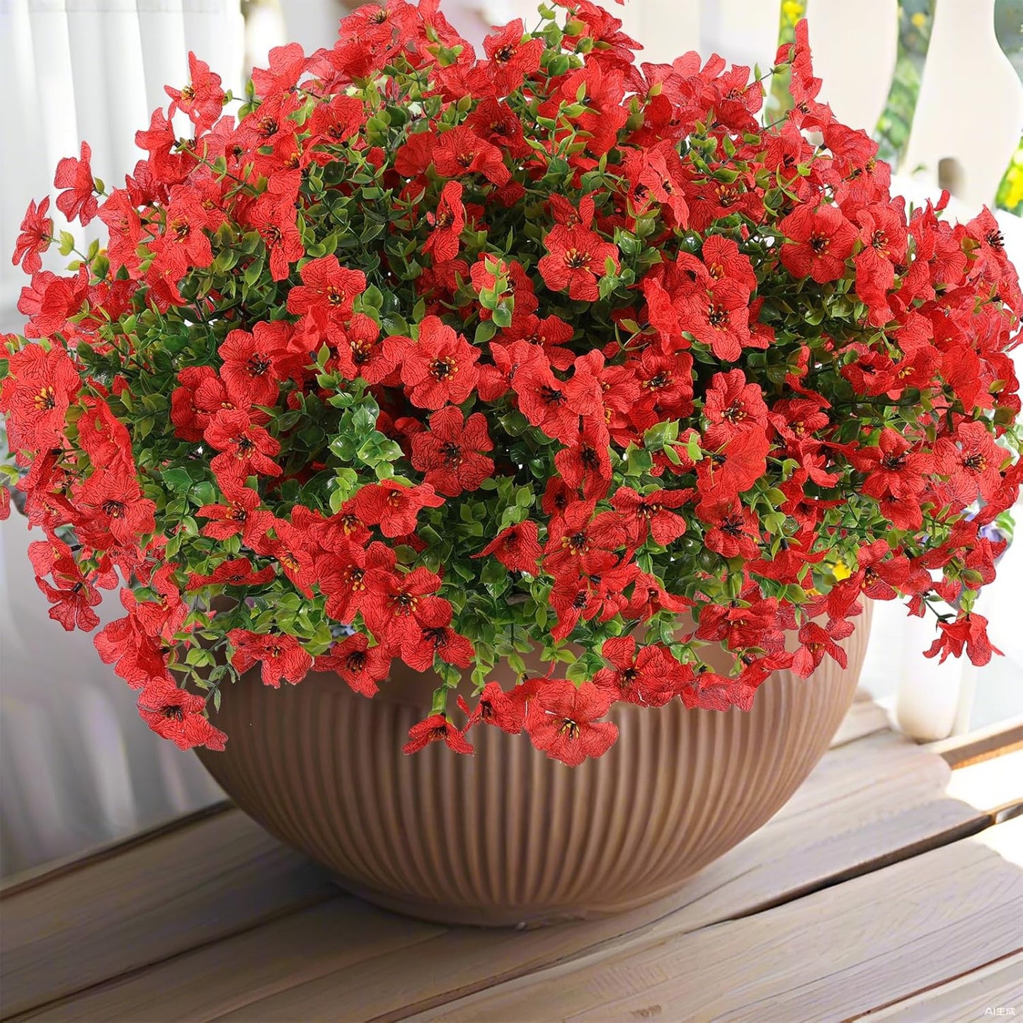 Hananona 24 Pcs Artficial Outdoor Flowers with Hanging Baskets, 2 Pack Hanging Planter with Red Outdoor Spring Flowers for Christmas Porch Home Patio Yard Decor (2, Red)