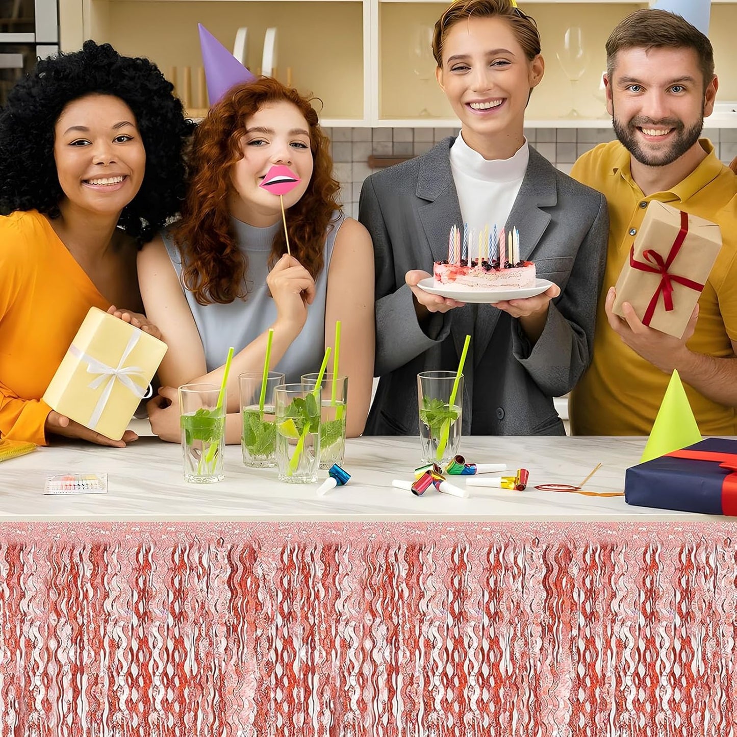 6 Pack 29x108 Inch Rose Gold Wave Foil Fringe Table Skirts Metallic Banner for Tinsel Streamer Garland Backdrop for Parade Floats Mother's, Graduate, Mardi Gras, Birthday, Wedding Party Decorations